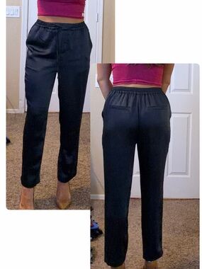 Skies Are Blue Navy Satin Elastic-Waist Trousers
